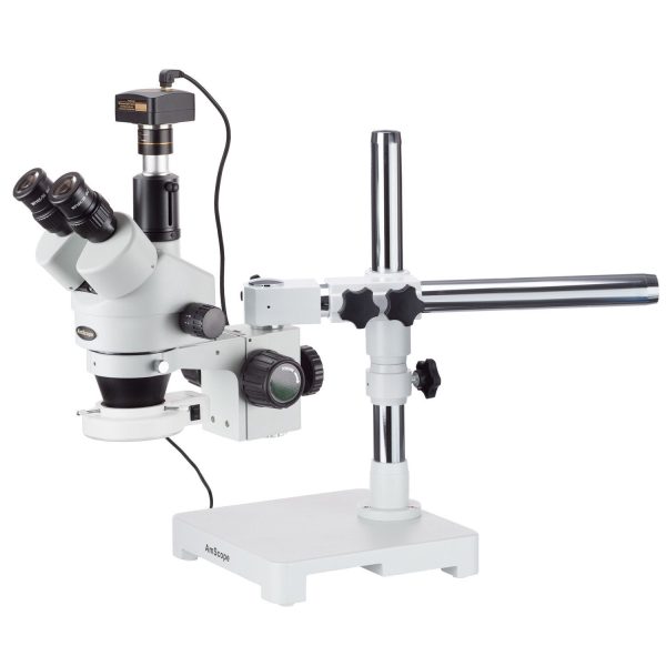 AmScope 3.5X-45X LED Boom Stand Stereo Zoom Microscope + Digital Camera For Sale